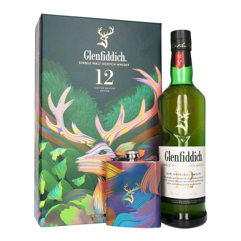Glenfiddich 12 Year Old Single Malt Scotch Whisky & Hipflask Gift Set 70cl