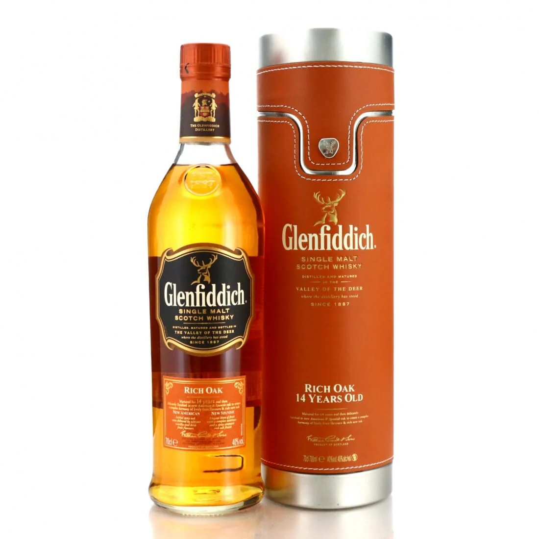 Glenfiddich 14 Year Old Rich Oak Leatherette Tube Single Malt Scotch Whisky 70cl