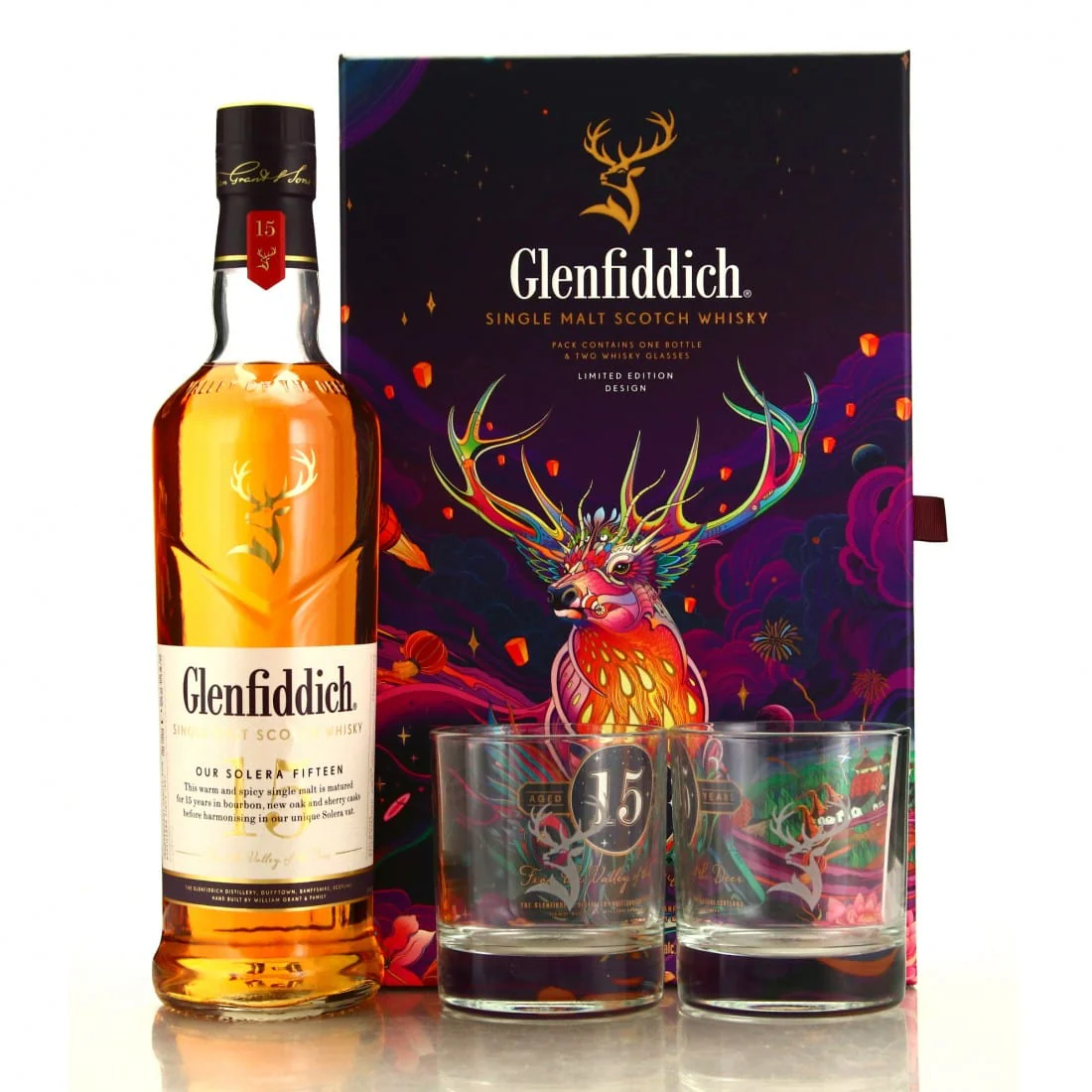 Glenfiddich 15 Year Old Single Malt Scotch Whisky Gift Set With Glasses 70cl