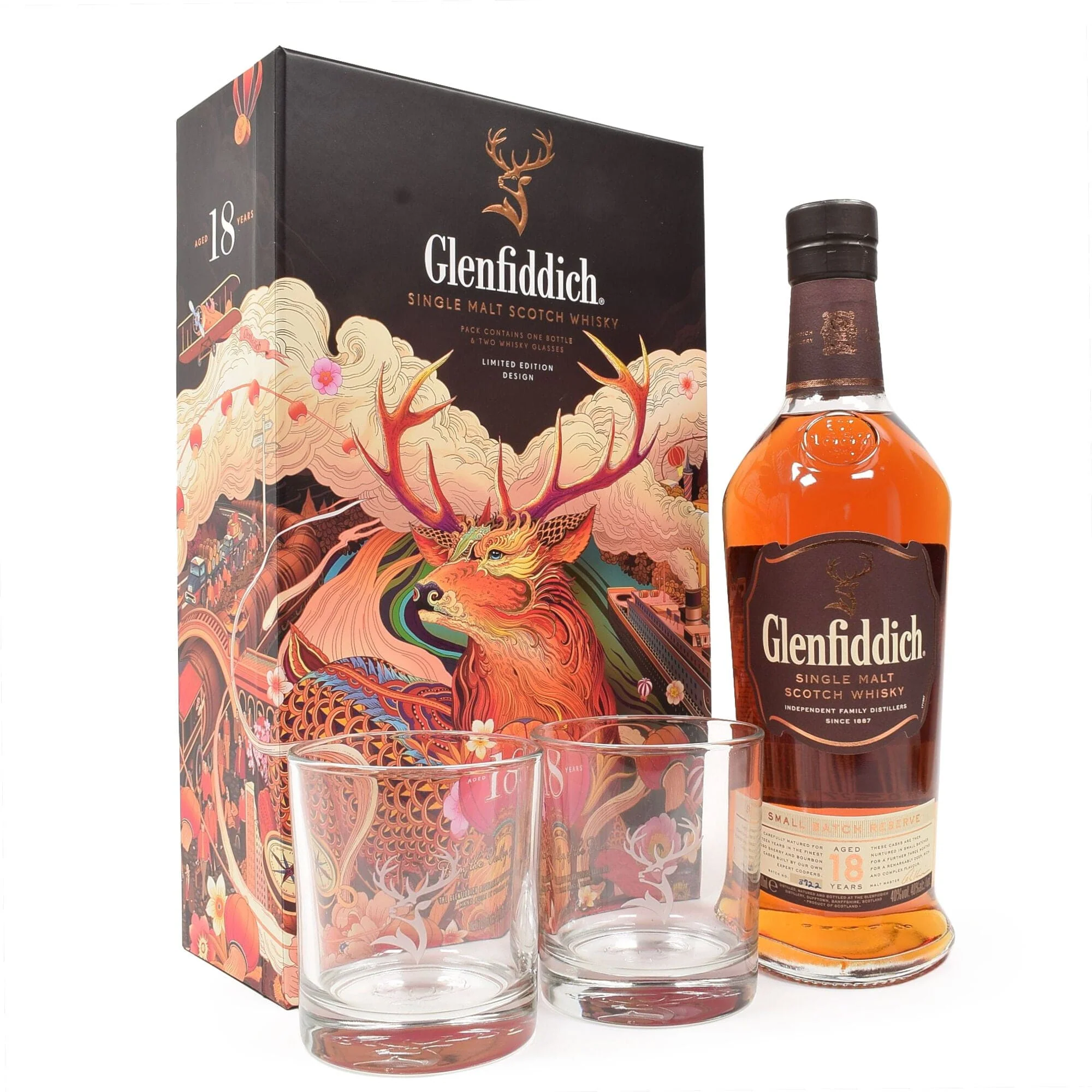 Glenfiddich 18 Year Old Chinese New Year Limited Edition Gift Set With Glasses 70cl