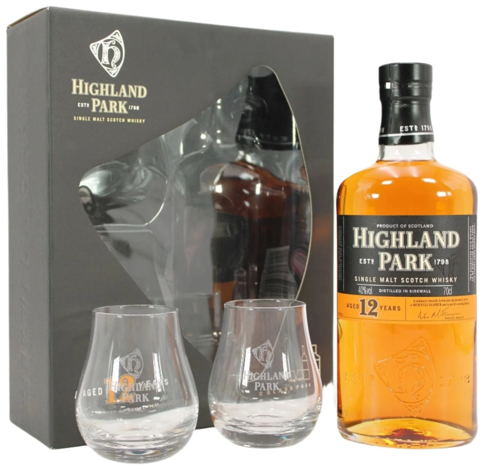 Highland Park 12 Year Old Whisky Gift Set With 2 Glasses 70cl