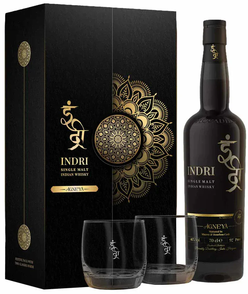 Indri Agneya Single Malt Indian Whisky Gift Set With Glasses 70cl