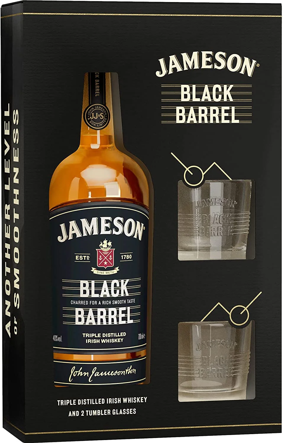 Jameson Black Barrel Irish Whiskey & Tumbler Glasses Gift Set 70cl