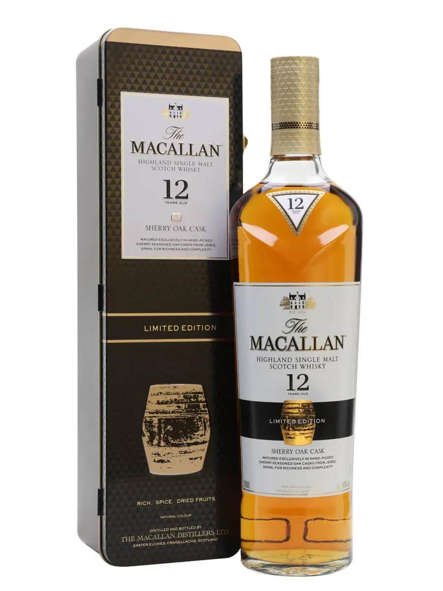 The Macallan 12 Year Old Sherry Oak Single Malt Scotch Whisky Metal Gift Tin 70cl